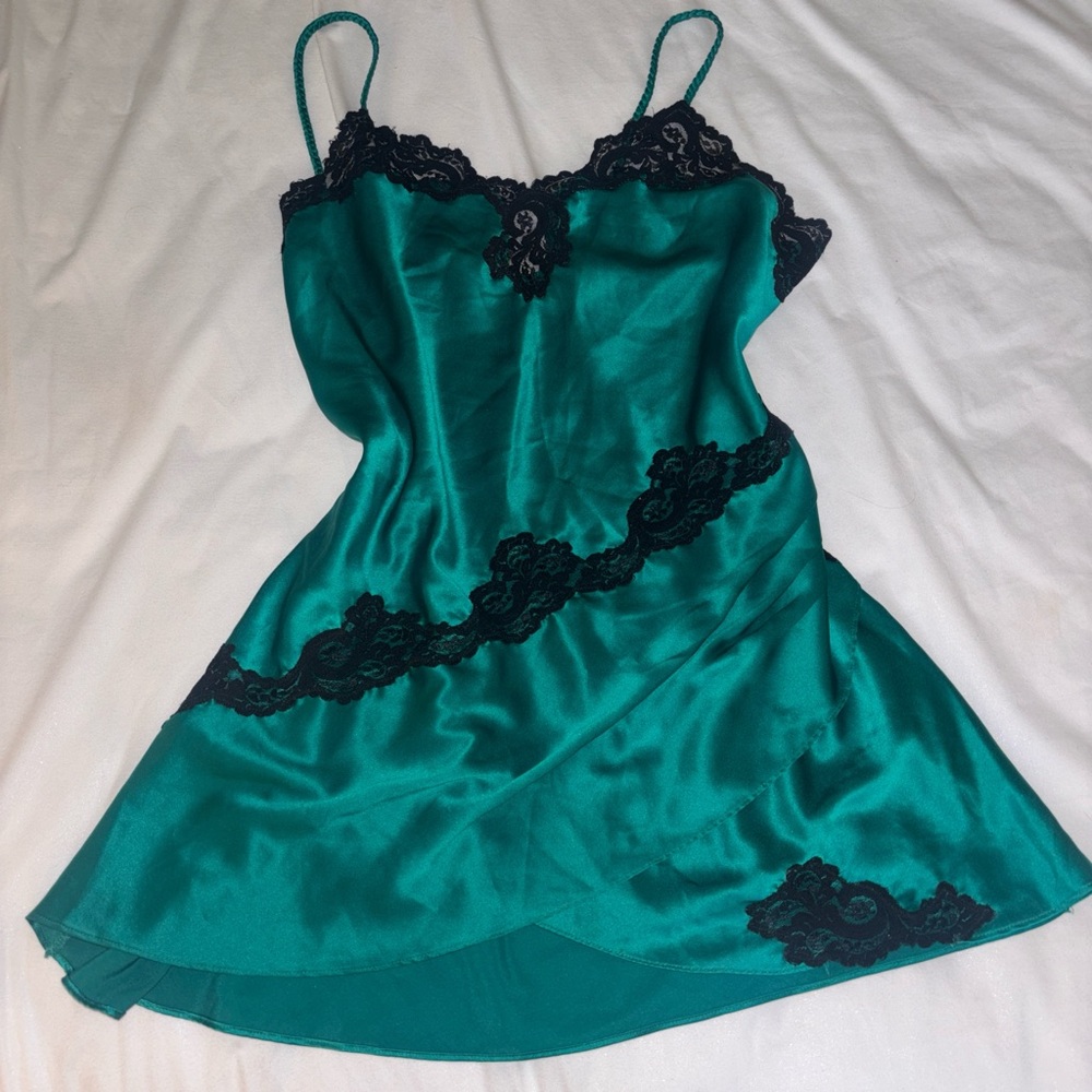 Vintage Victoria's Secret Teal Satin Slip with Black Lace
